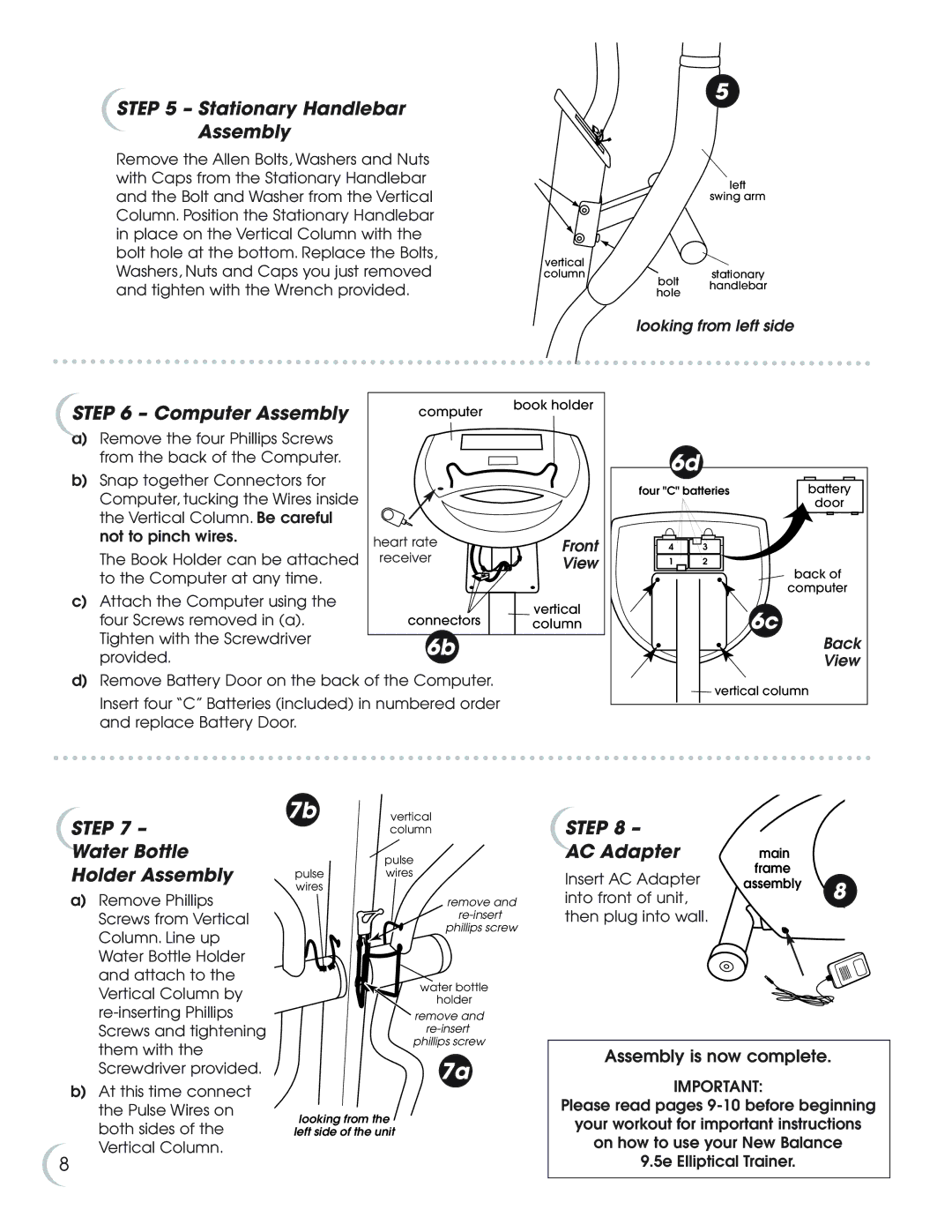 Fitness Quest 9.5e Stationary Handlebar Assembly, Computer Assembly, Step Water Bottle Holder Assembly, Step AC Adapter 