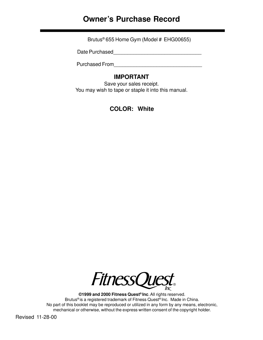 Fitness Quest Brutus 655 manual Owner’s Purchase Record 