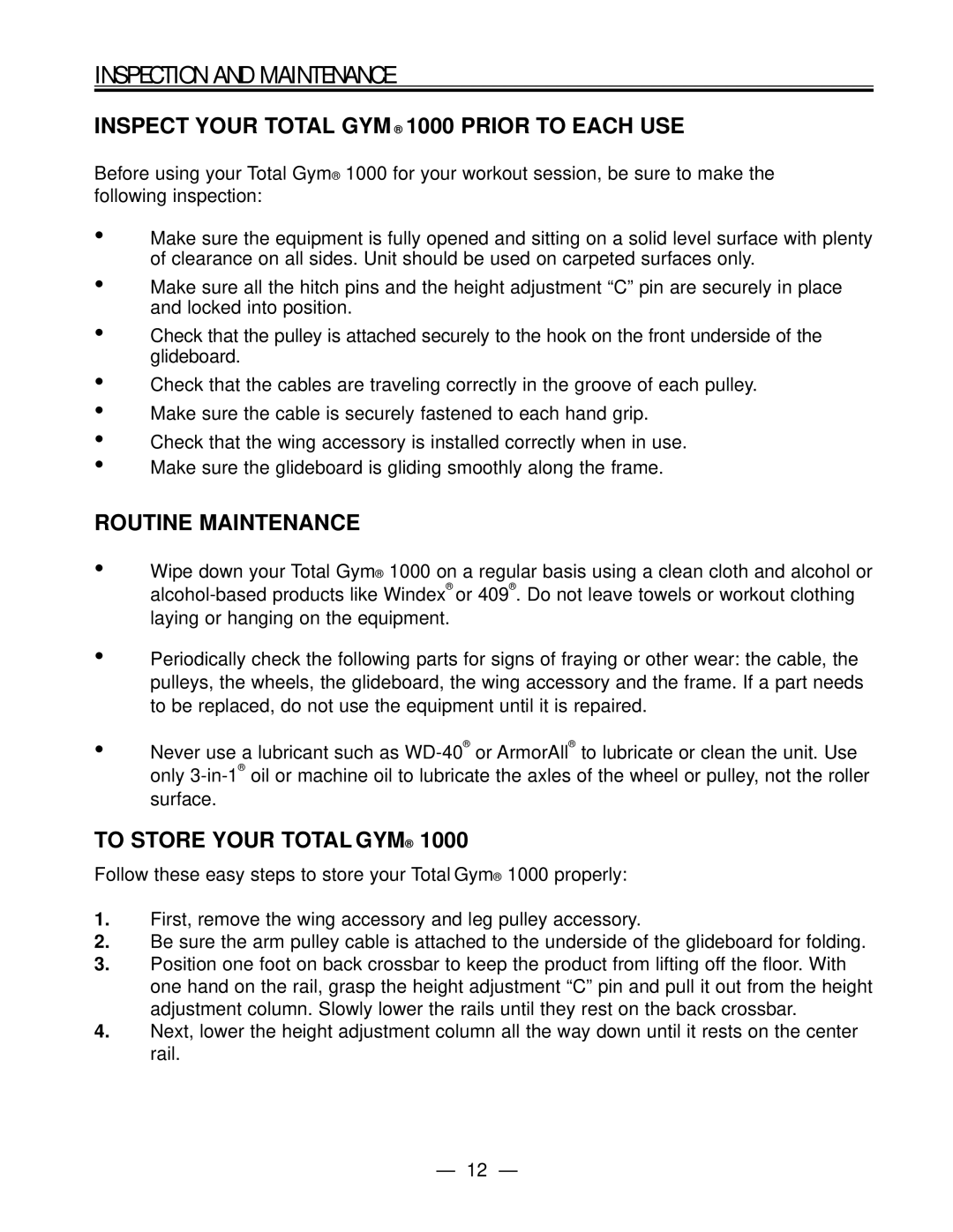 Fitness Quest Gym1000 manual Inspection and Maintenance, Inspect Your Total GYM 1000 Prior to Each USE, Routine Maintenance 