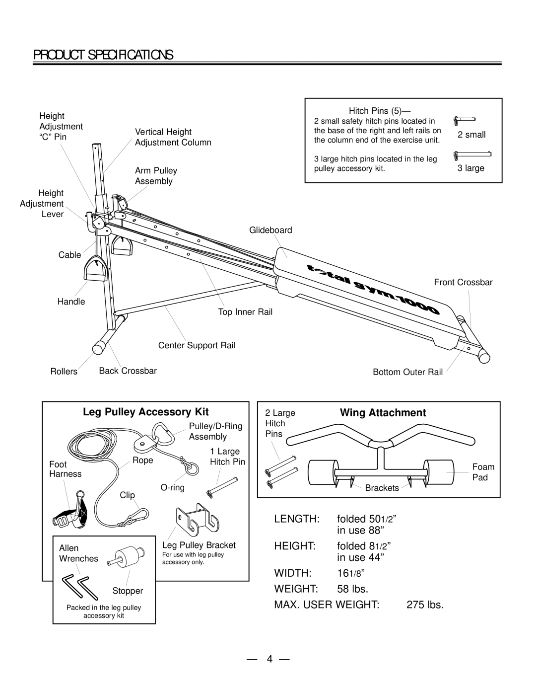 Fitness Quest Gym1000 manual Product Specifications, Leg Pulley Accessory Kit, Wing Attachment 