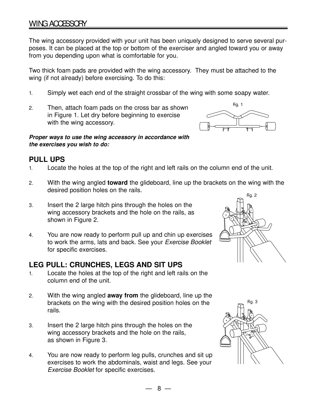 Fitness Quest Gym1000 manual Wing Accessory, Pull UPS, LEG Pull CRUNCHES, Legs and SIT UPS 