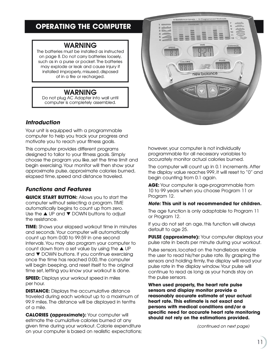 Fitness Quest NBP01060-2 manual Operating the Computer, Introduction, Functions and Features 