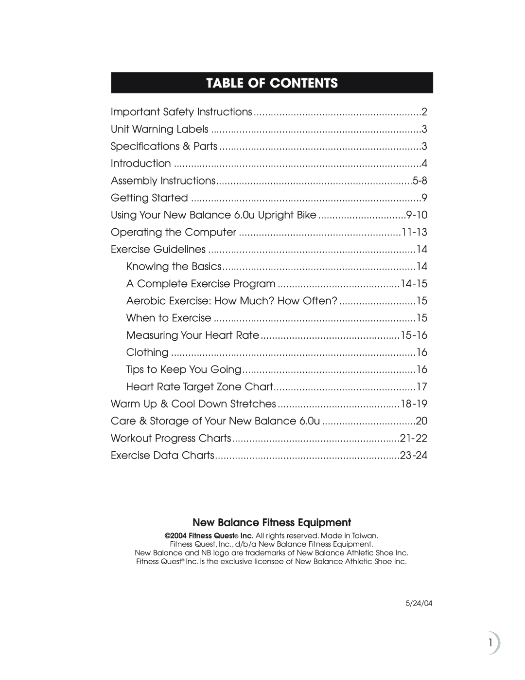 Fitness Quest NBP01060-2 manual Table of Contents 