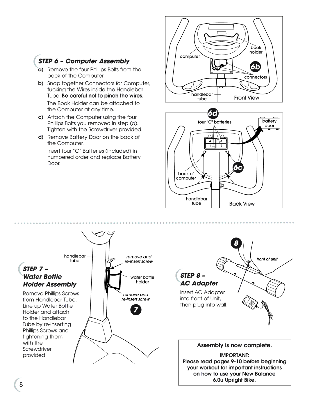 Fitness Quest NBP01060-2 manual Computer Assembly, Step Water Bottle Holder Assembly, Step AC Adapter 