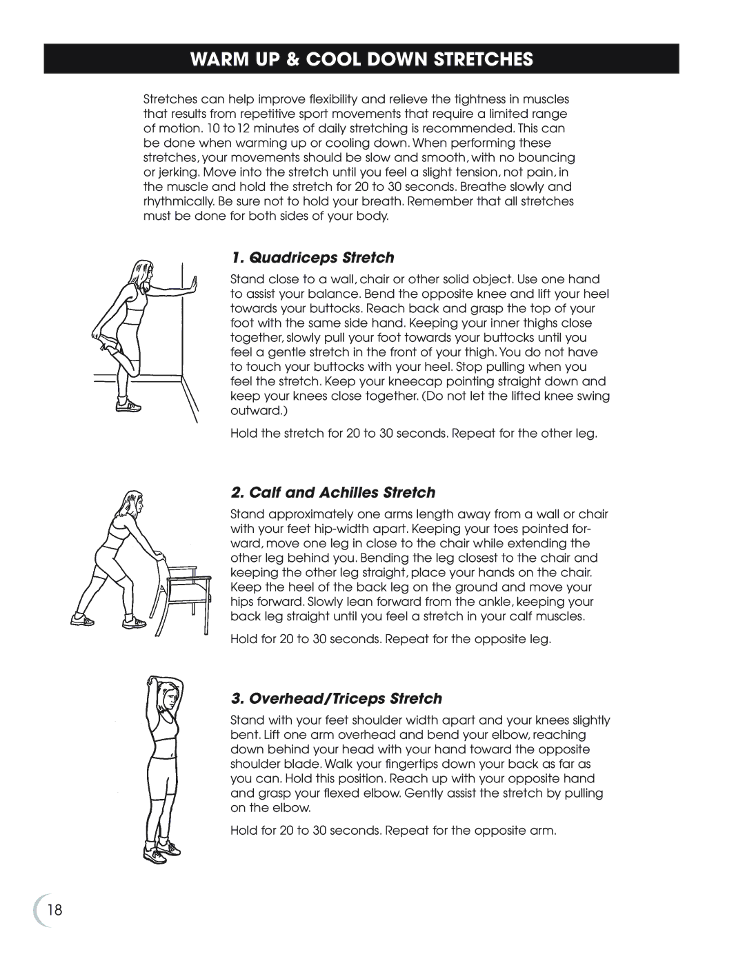 Fitness Quest NBP01075-2 manual Warm UP & Cool Down Stretches, Quadriceps Stretch, Calf and Achilles Stretch 