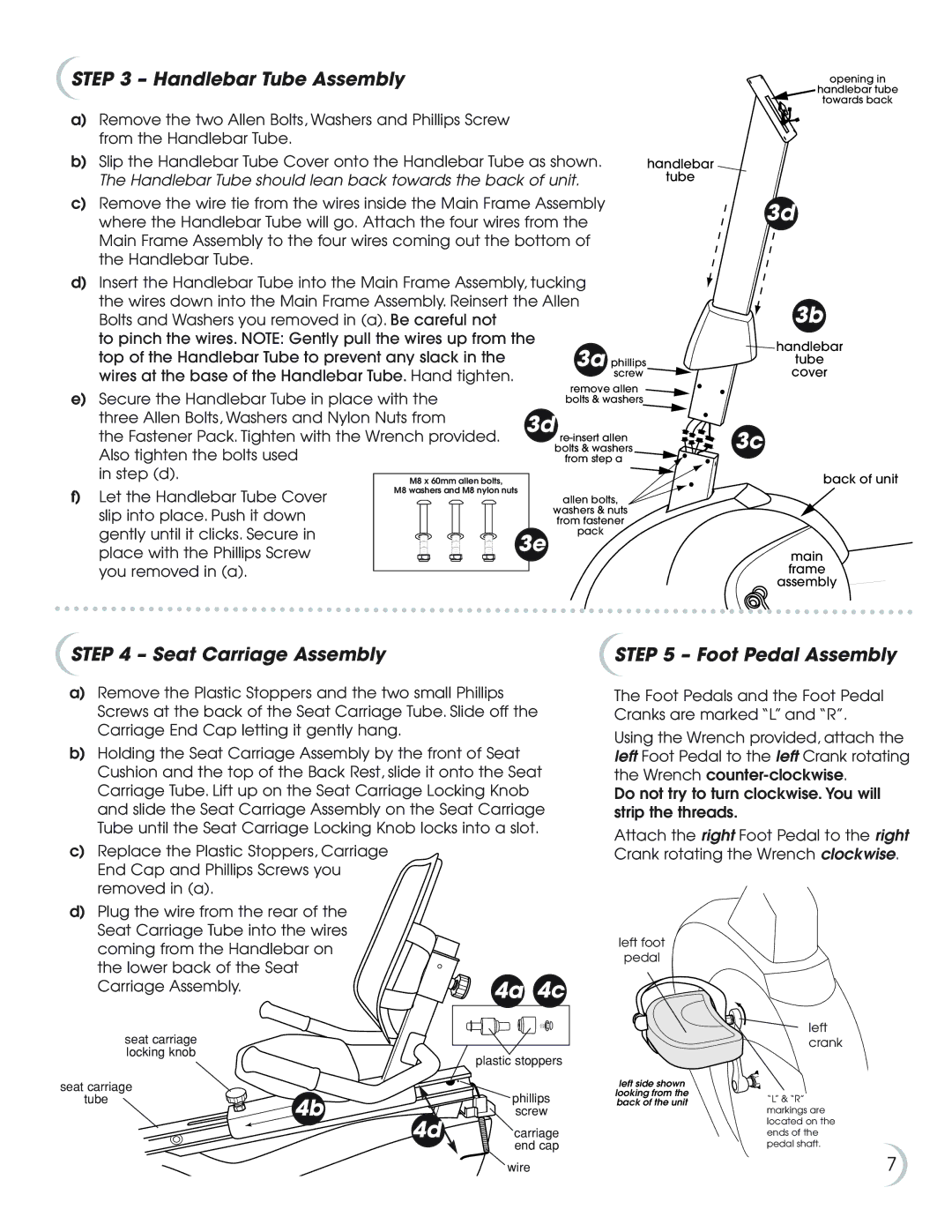 Fitness Quest NBP01075-2 manual Handlebar Tube Assembly, Seat Carriage Assembly, Foot Pedal Assembly 