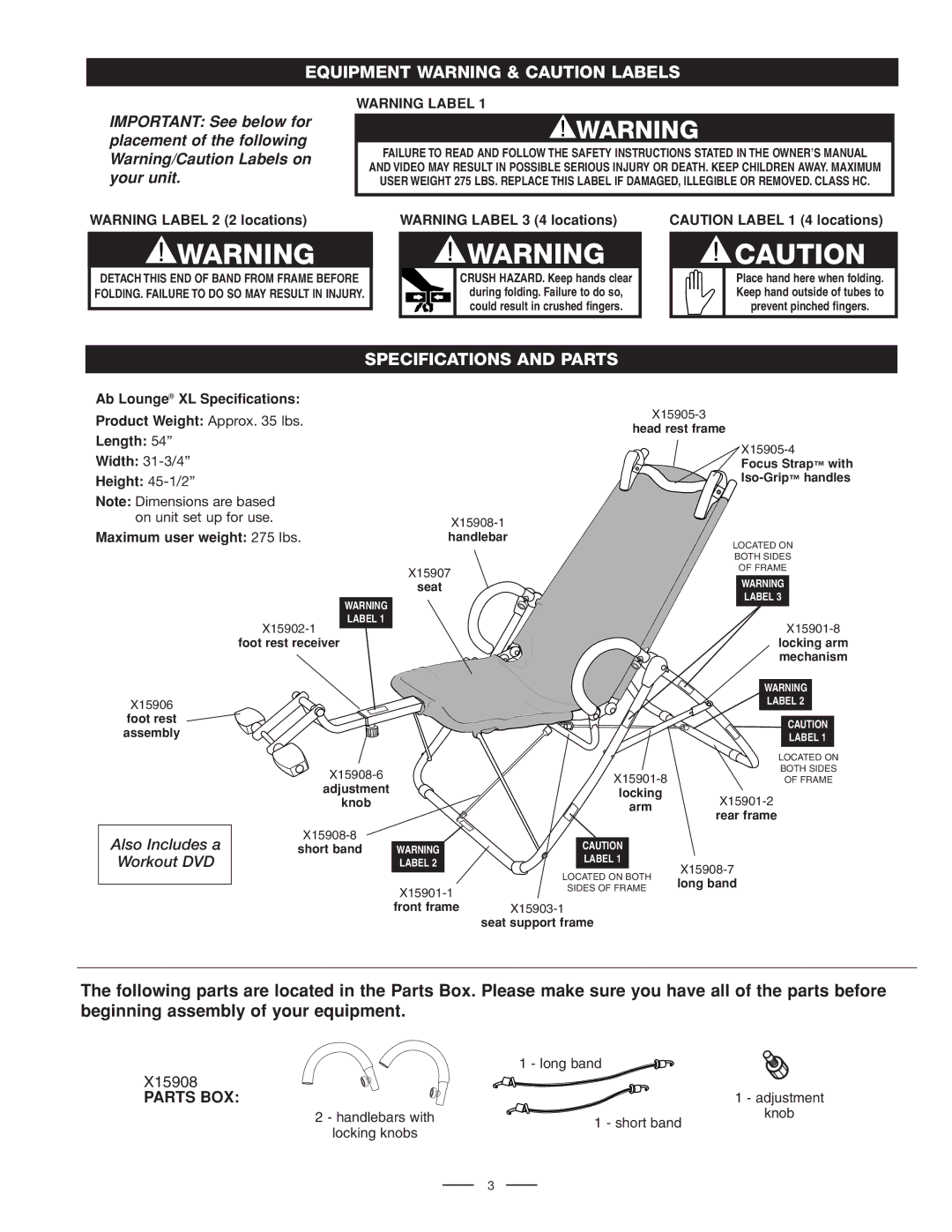 Fitness Quest Quest Ab Lounge XL System manual Equipment Warning & Caution Labels, Specifications and Parts 