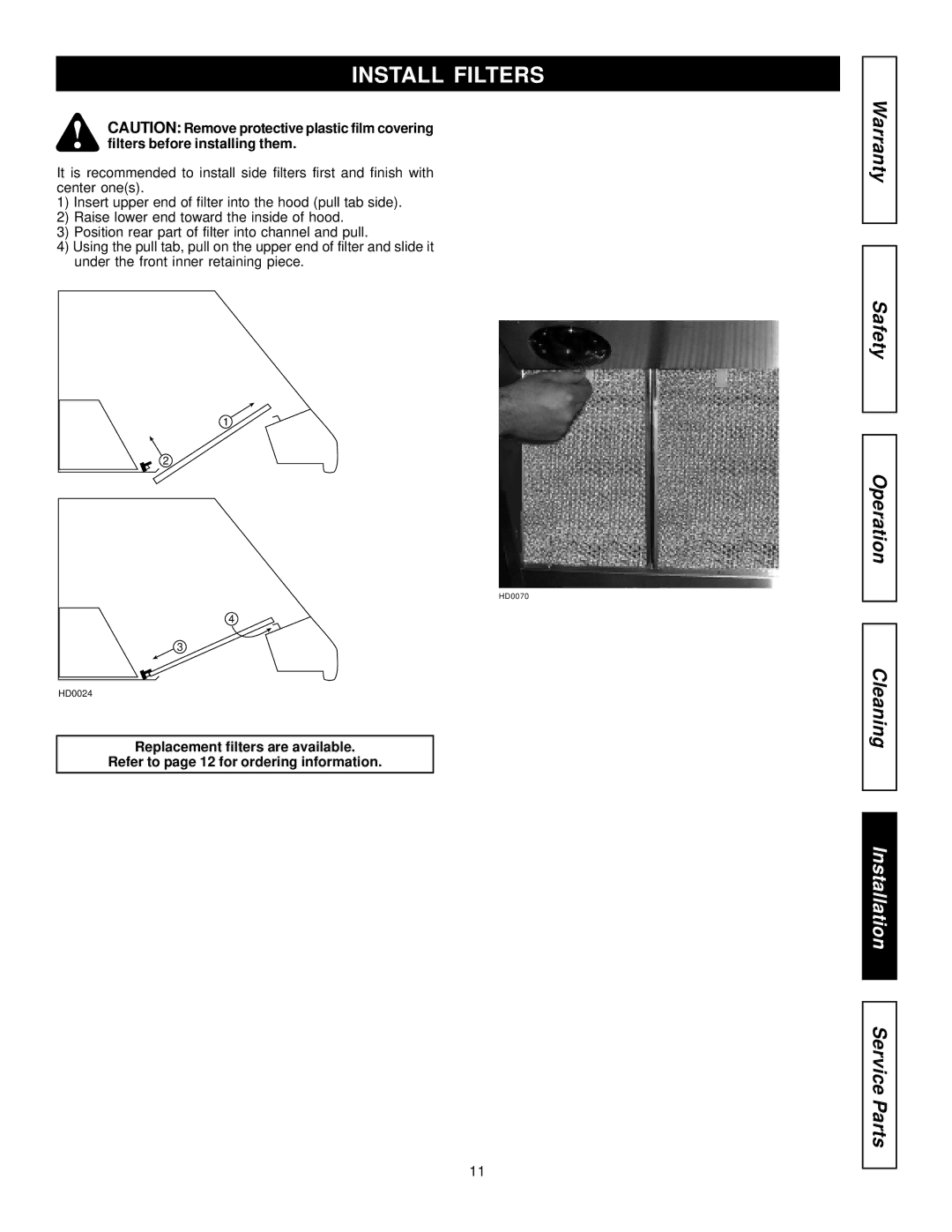 Five Star Ranges FSH301-BL, FSH361-WH, FSH361-BL, FSH361-SS, FSH301-WH, FSH301-SS installation manual Install Filters 