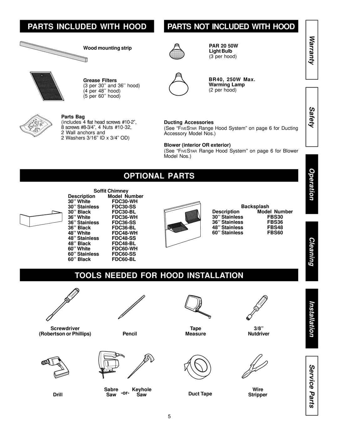 Five Star Ranges FSH301-BL, FSH361-WH, FSH361-BL Parts Included with Hood, Parts not Included with Hood, Optional Parts 