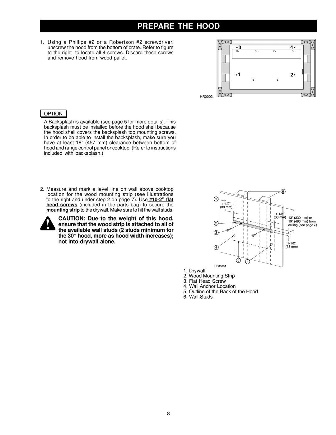 Five Star Ranges FSH361-SS, FSH361-WH, FSH361-BL, FSH301-WH, FSH301-SS, FSH301-BL installation manual Prepare the Hood, Option 