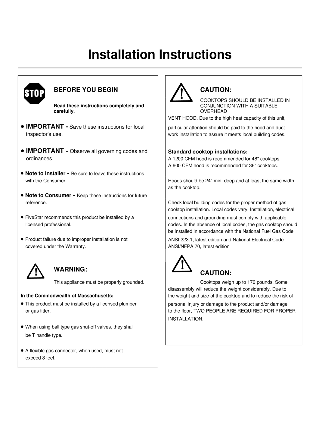 Five Star Ranges PN047-7, TN047-7 installation instructions Installation Instructions, Standard cooktop installations 