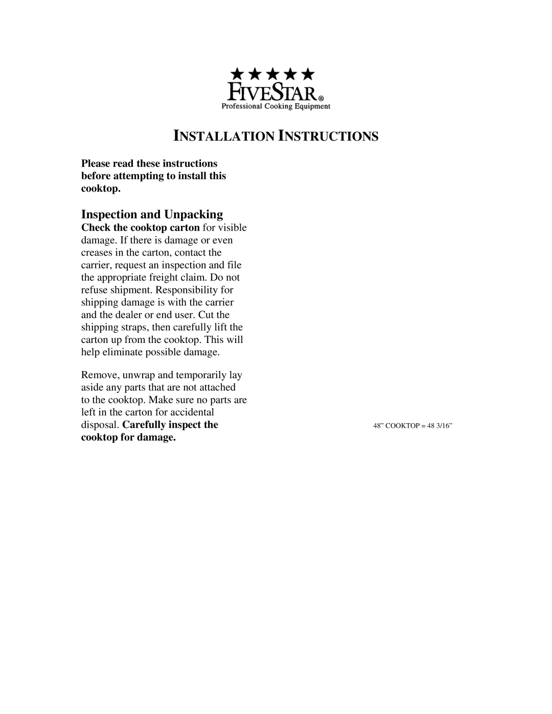 Five Star Ranges TN047-7, PN047-7 installation instructions Inspection and Unpacking 