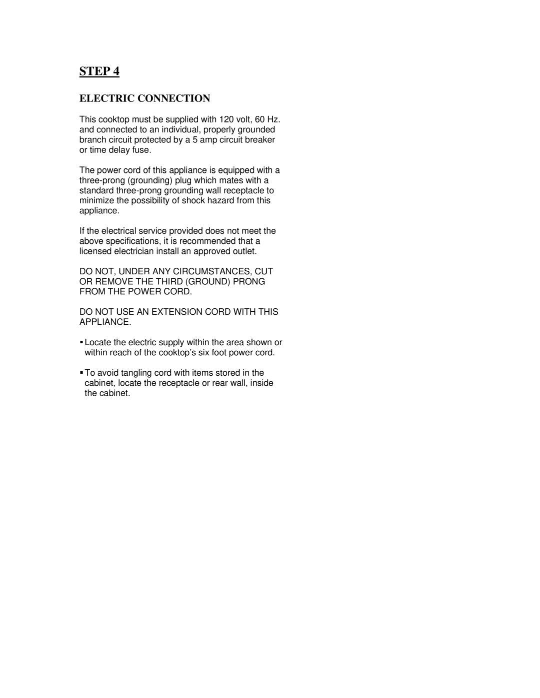 Five Star Ranges TN047-7, PN047-7 installation instructions Electric Connection 