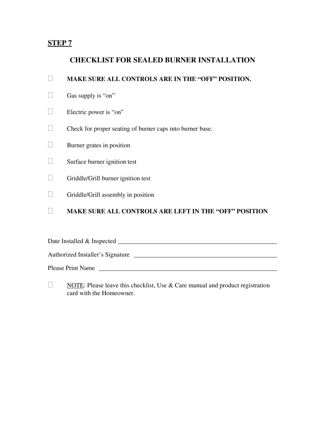 Five Star Ranges PN047-7 Step Checklist for Sealed Burner Installation, Make Sure ALL Controls are in the OFF Position 