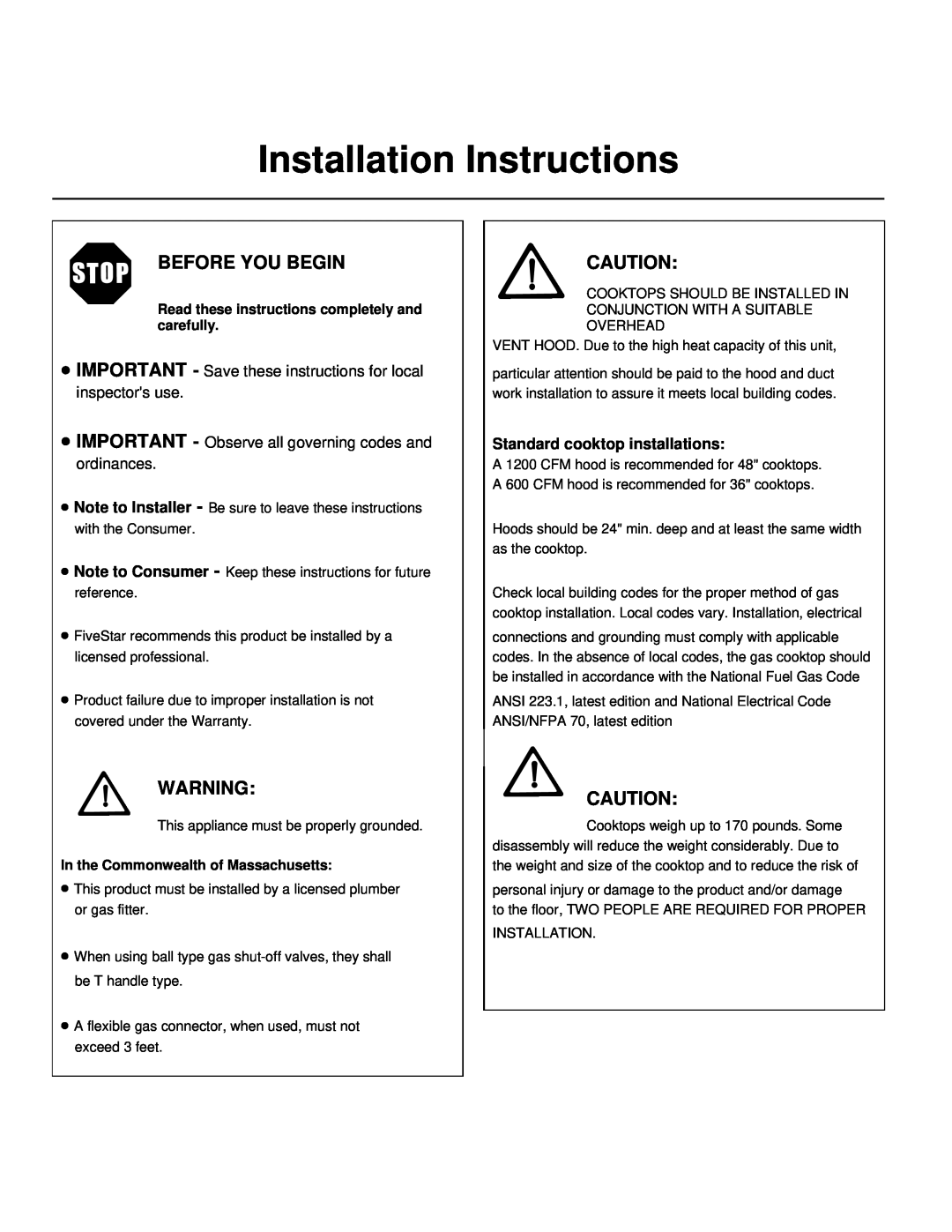 Five Star Ranges PN047-7, TN047-7 Installation Instructions, Before You Begin, Standard cooktop installations 