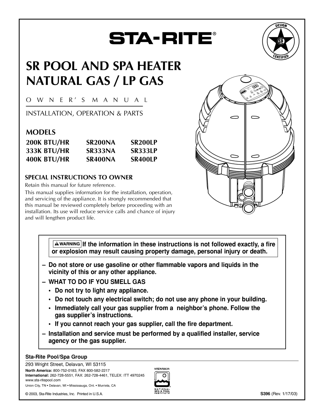 Five Star Sr200na, Sr200lp,, Sr333na, Sr333lp,, Sr400na, Sr400lp owner manual Special Instructions to Owner 