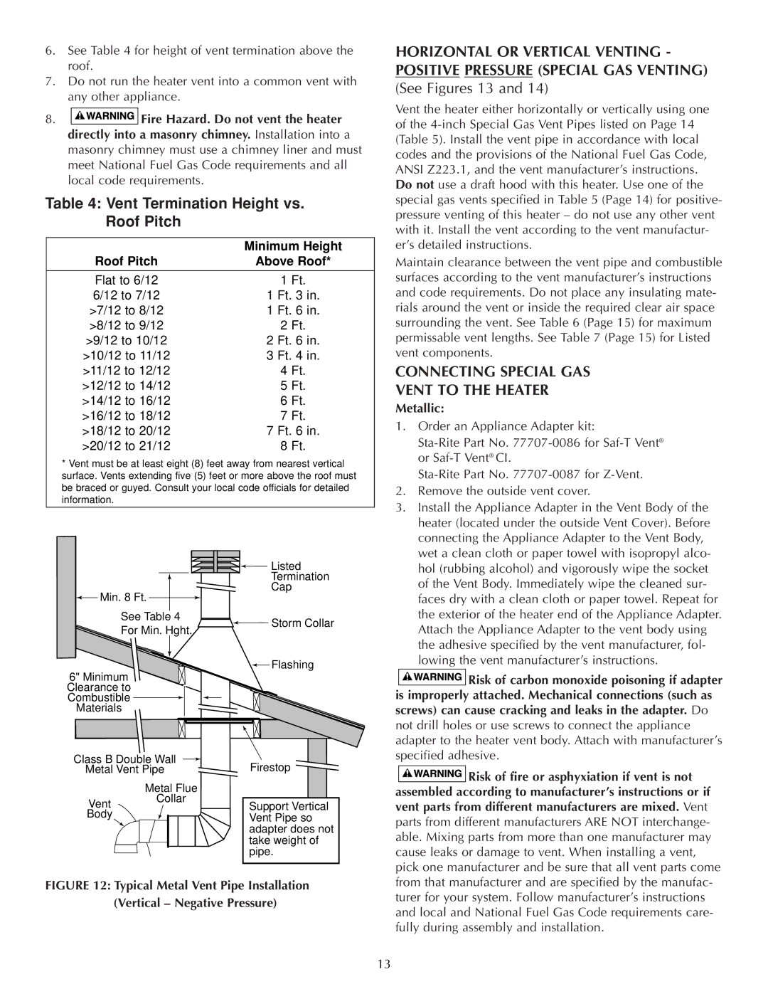 Five Star Sr200na, Sr200lp,, Sr333na, Sr333lp,, Sr400na, Sr400lp Connecting Special GAS Vent to the Heater, Minimum Height 