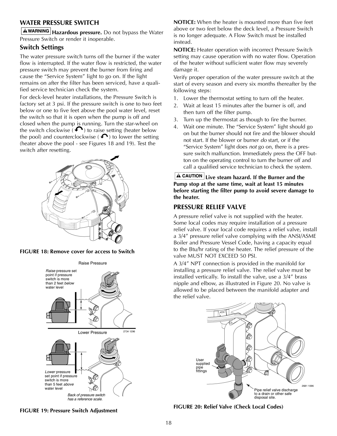 Five Star Sr200na, Sr200lp,, Sr333na, Sr333lp,, Sr400na, Sr400lp owner manual Water Pressure Switch, Pressure Relief Valve 