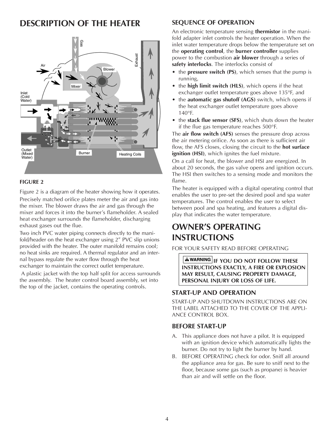 Five Star Sr200na, Sr200lp,, Sr333na, Sr333lp,, Sr400na, Sr400lp Description of the Heater, OWNER’S Operating Instructions 