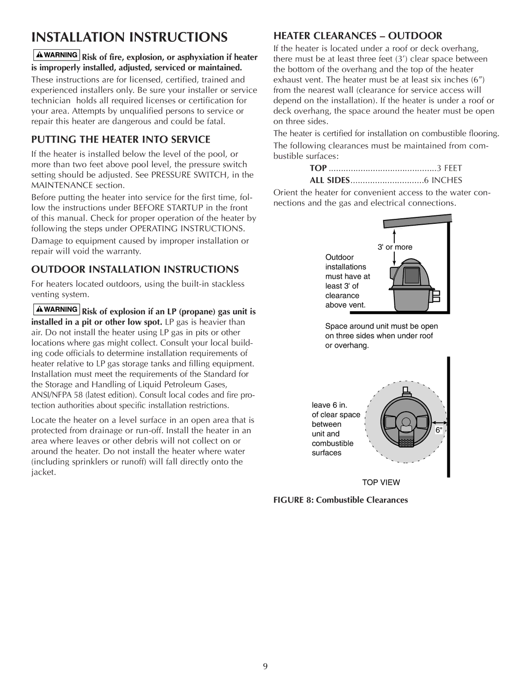 Five Star Sr200na, Sr200lp,, Sr333na, Sr333lp,, Sr400na, Sr400lp Installation Instructions, Heater Clearances Outdoor 