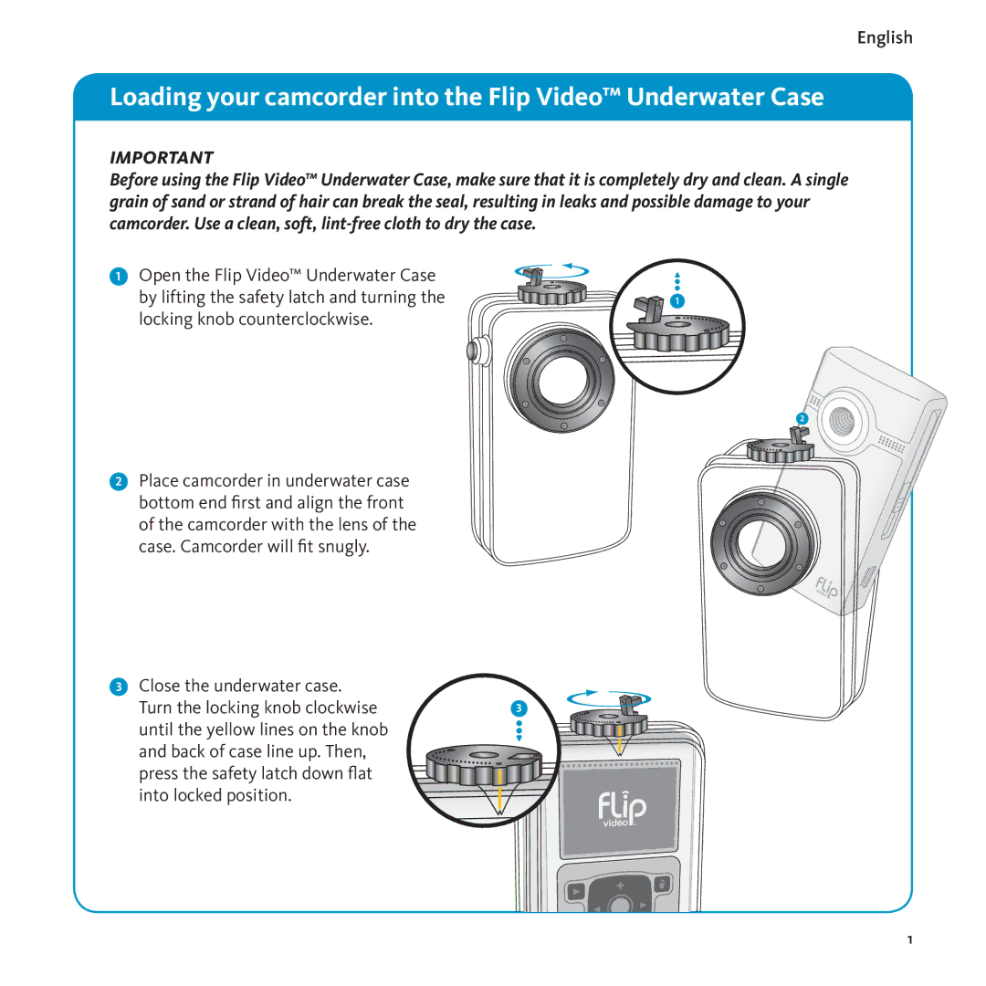 Flip Video 100201-RR manual Loading your camcorder into the Flip Video Underwater Case, Turn the locking knob clockwise 