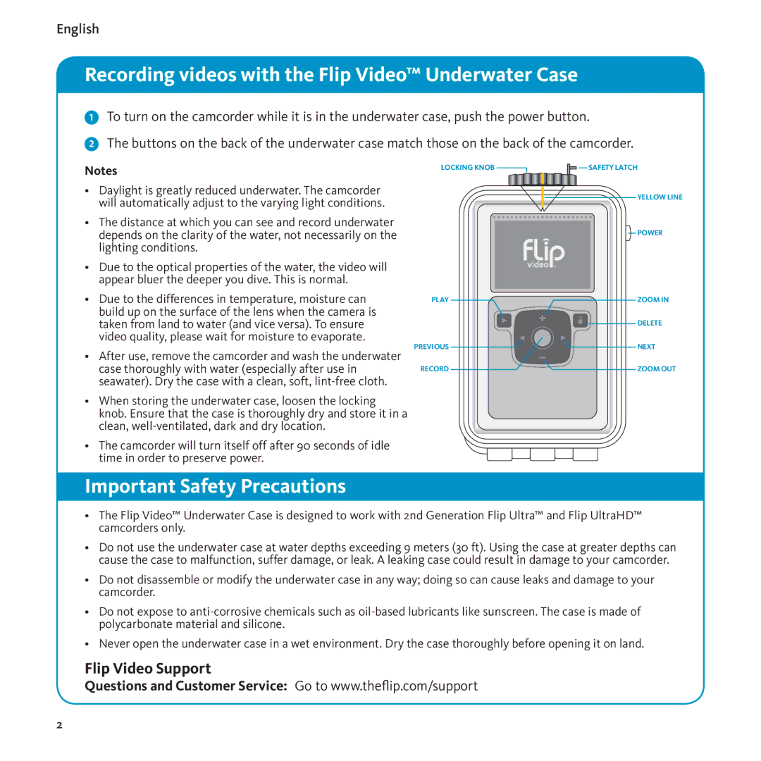 Flip Video 100201-RR, 3250-00008 Recording videos with the Flip Video Underwater Case, Important Safety Precautions 