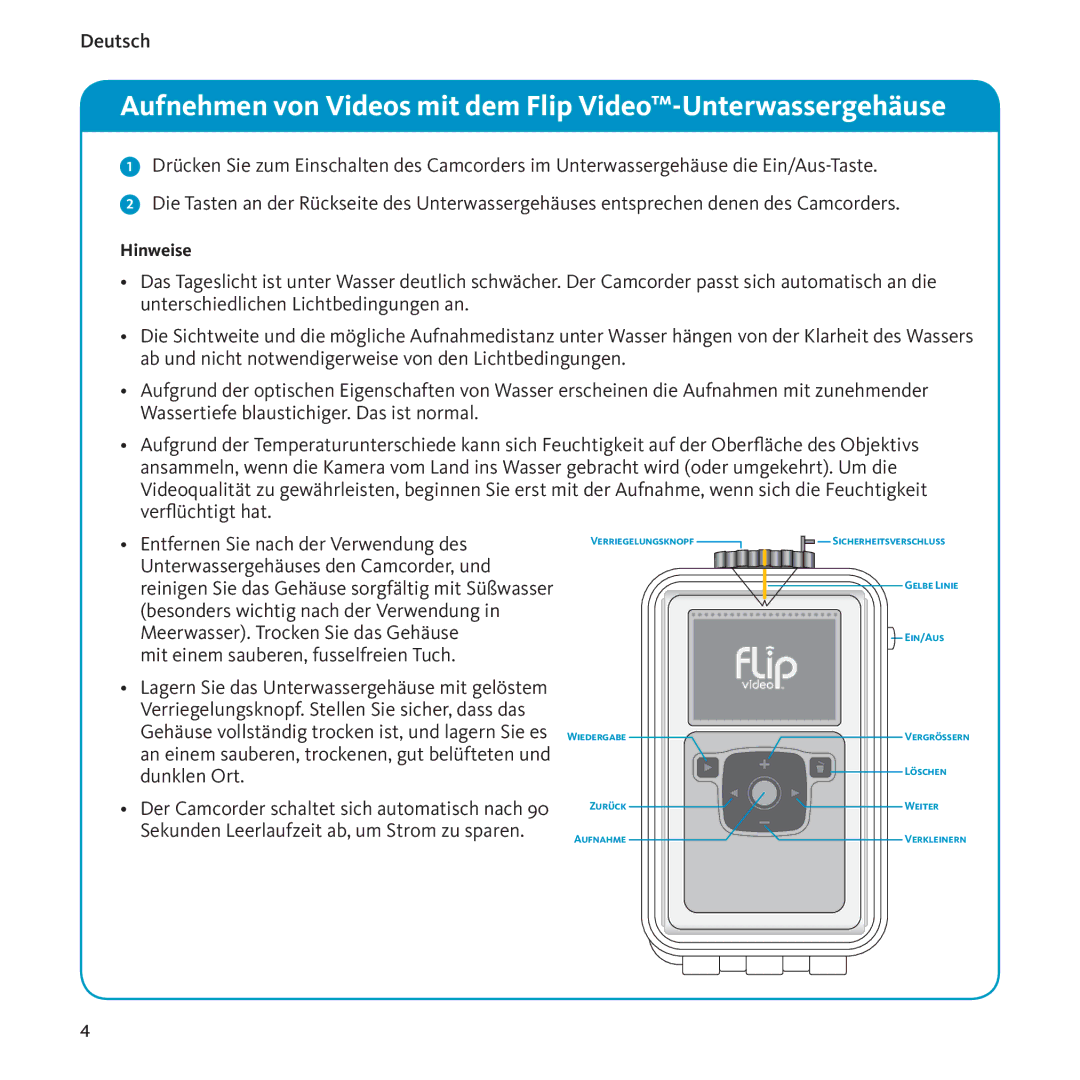 Flip Video 100201-RR Aufnehmen von Videos mit dem Flip Video-Unterwassergehäuse, Mit einem sauberen, fusselfreien Tuch 