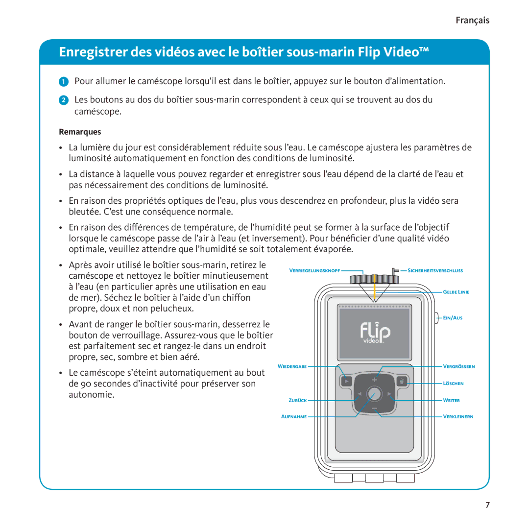 Flip Video 100201-RR, Underwater Case, 3250-00008 manual Enregistrer des vidéos avec le boîtier sous-marin Flip Video 