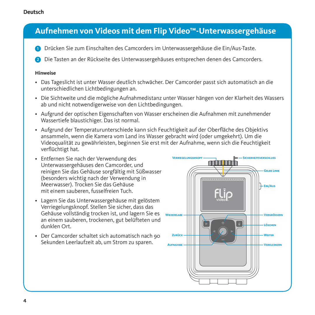 Flip Video 100201-RR, Underwater Case, 3250-00008 manual Aufnehmen von Videos mit dem Flip Video-Unterwassergehäuse, Hinweise 