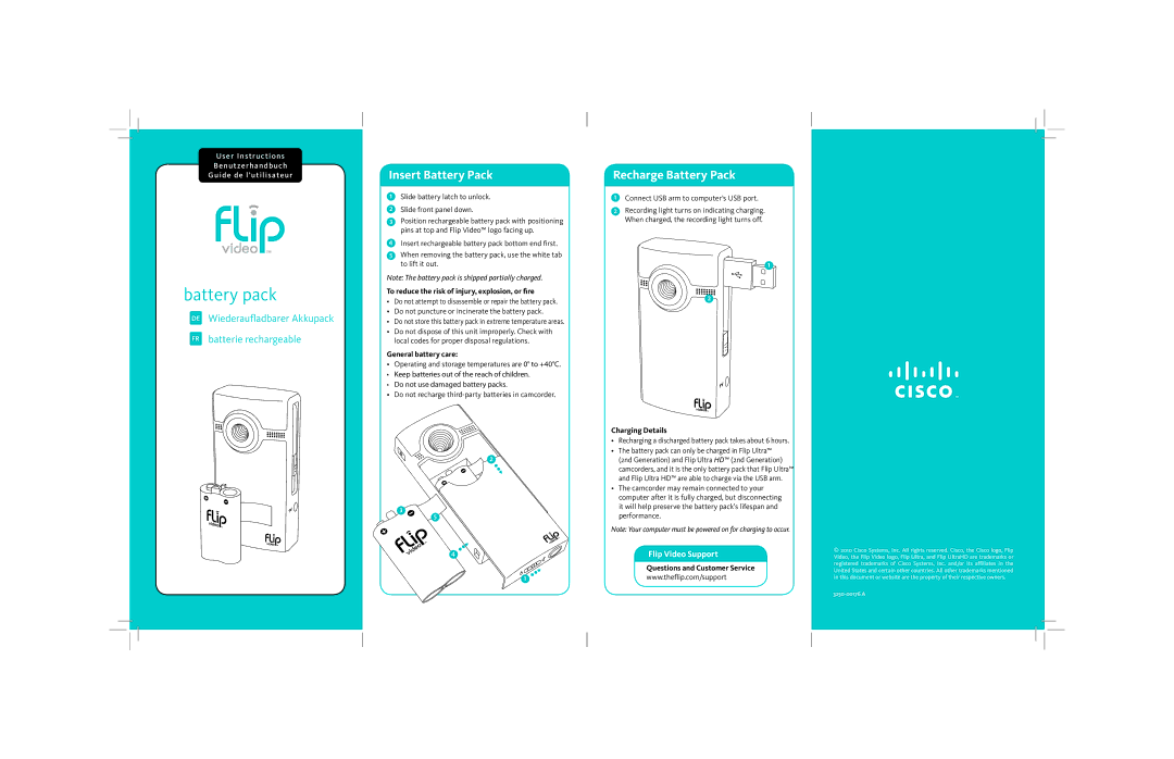 Flip Video 3250-00176 A manual Insert Battery Pack, Recharge Battery Pack, Flip Video Support 