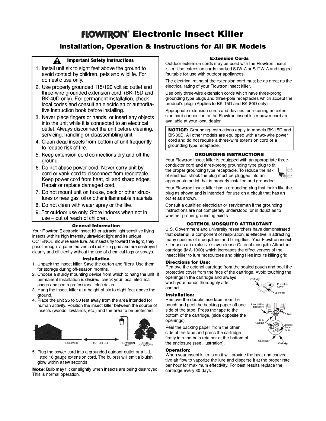 Flowtron Outdoor Products BK-80D important safety instructions Important Safety Instructions, Grounding Instructions 