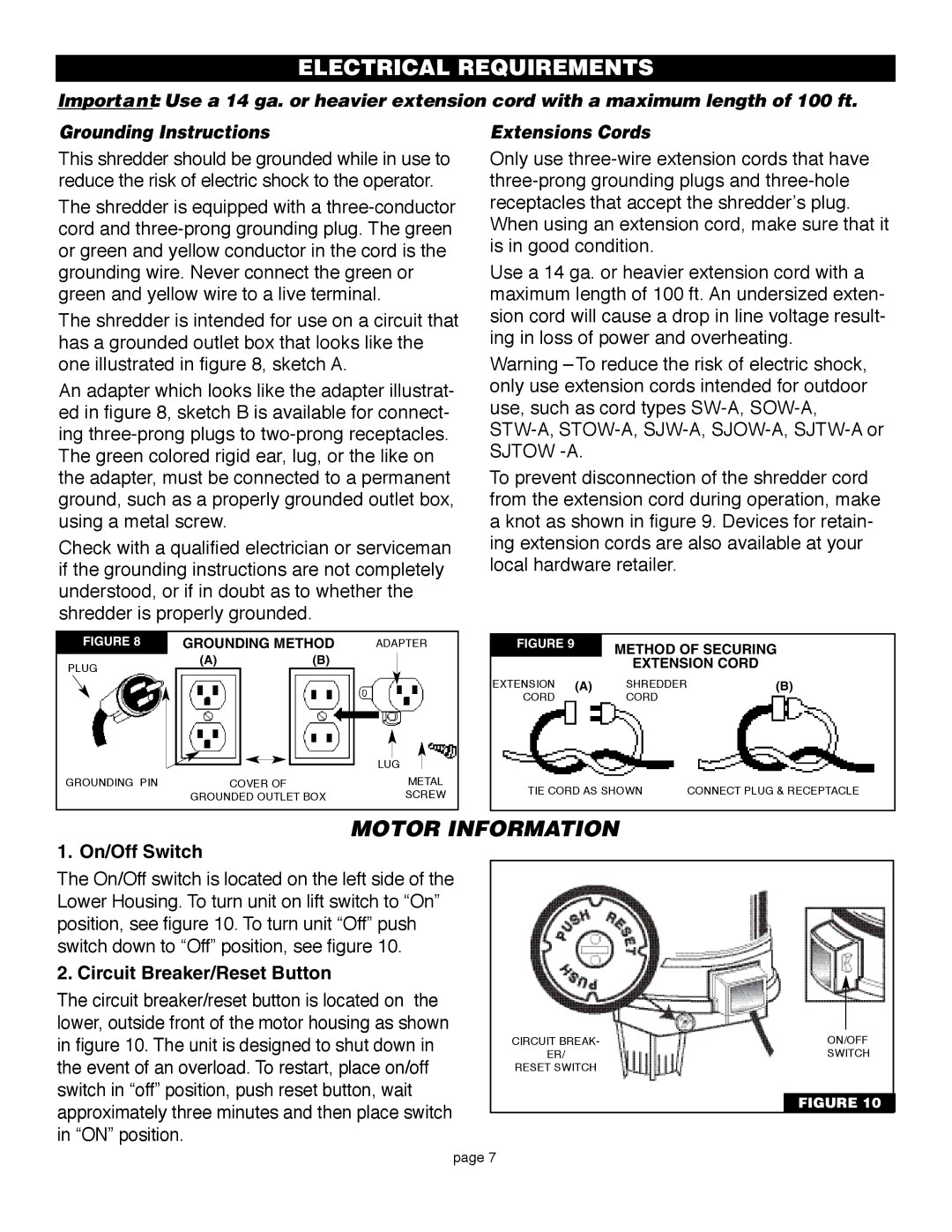 Flowtron Outdoor Products LE-800B Electrical Requirements, Grounding Instructions, Extensions Cords, On/Off Switch 