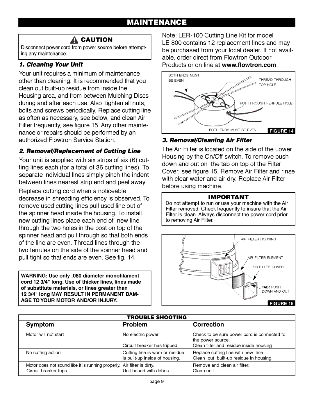 Flowtron Outdoor Products LE-800B owner manual Maintenance, Cleaning Your Unit, Removal/Replacement of Cutting Line 