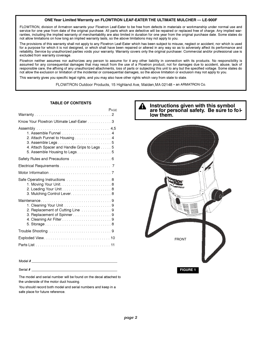 Flowtron Outdoor Products LE-900F owner manual Table of Contents 