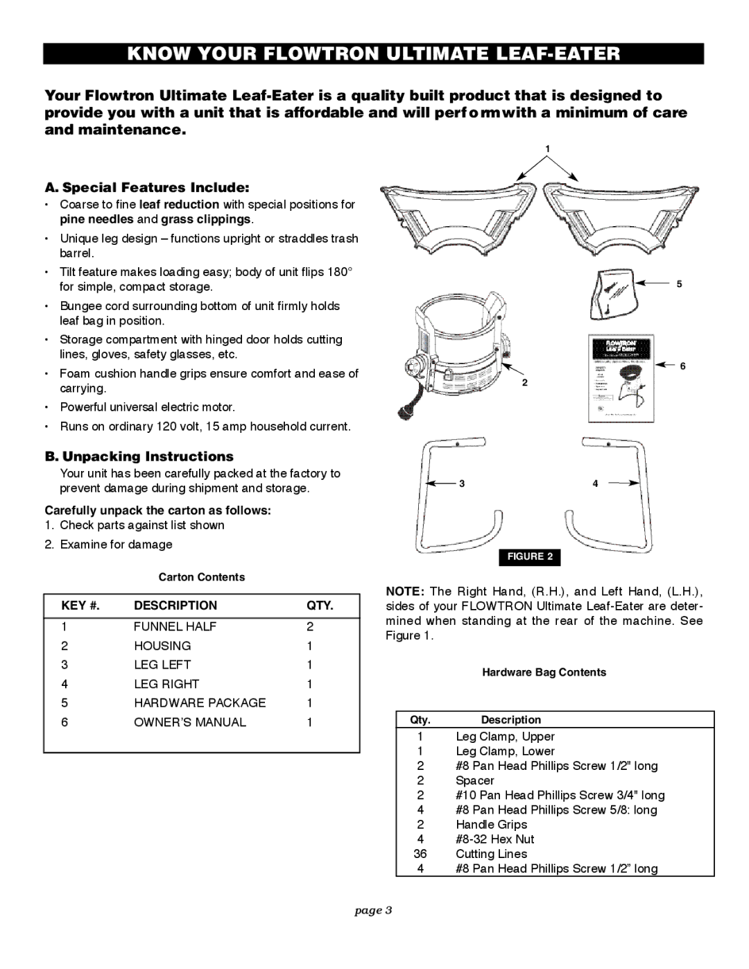 Flowtron Outdoor Products LE-900F Know Your Flowtron Ultimate LEAF-EATER, Special Features Include, Unpacking Instructions 