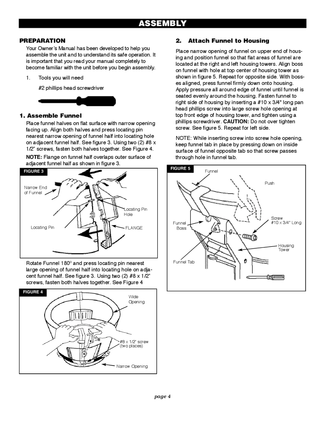 Flowtron Outdoor Products LE-900F owner manual Assembly, Assemble Funnel, Attach Funnel to Housing 