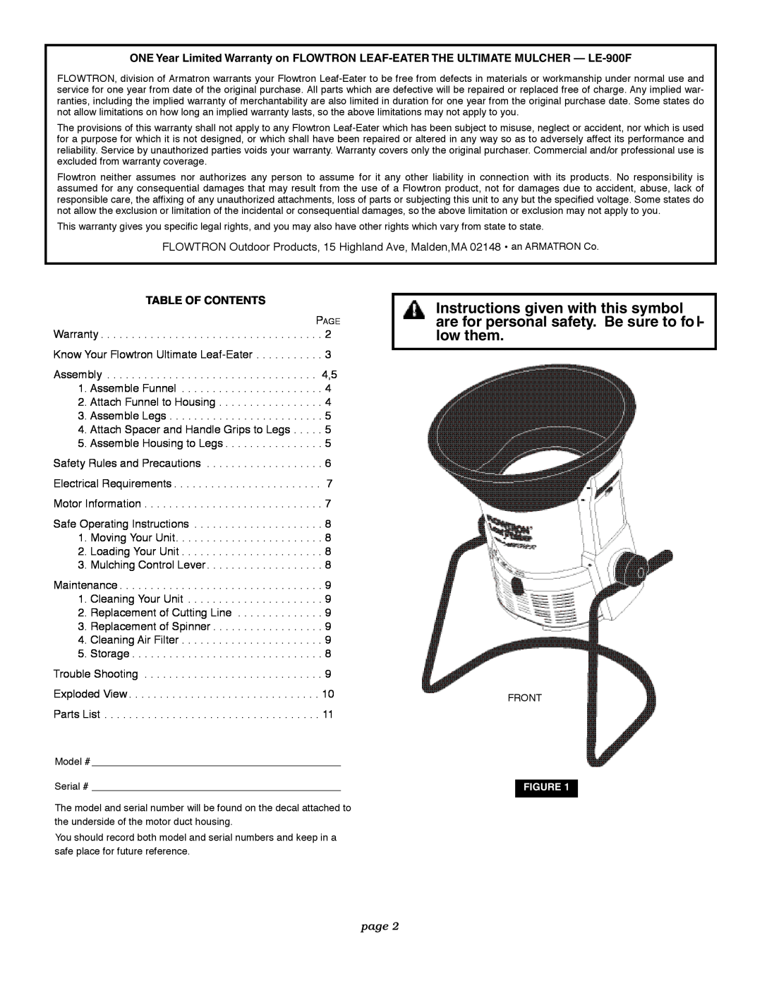 Flowtron Outdoor Products LE-900F owner manual Table Of Contents, page 