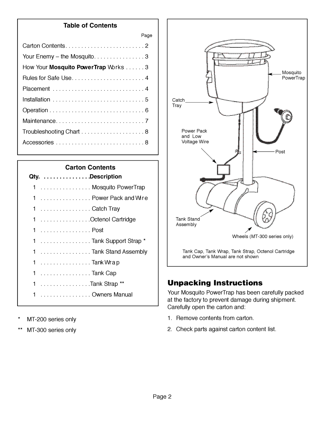 Flowtron Outdoor Products MT-300 Series, MT-200 Series manual Unpacking Instructions, Table of Contents, Carton Contents 