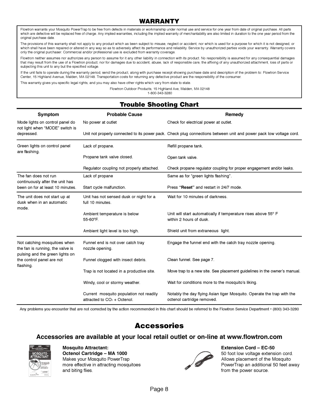 Flowtron Outdoor Products MT-300 Series, MT-200 Series manual Accessories, Trouble Shooting Chart 