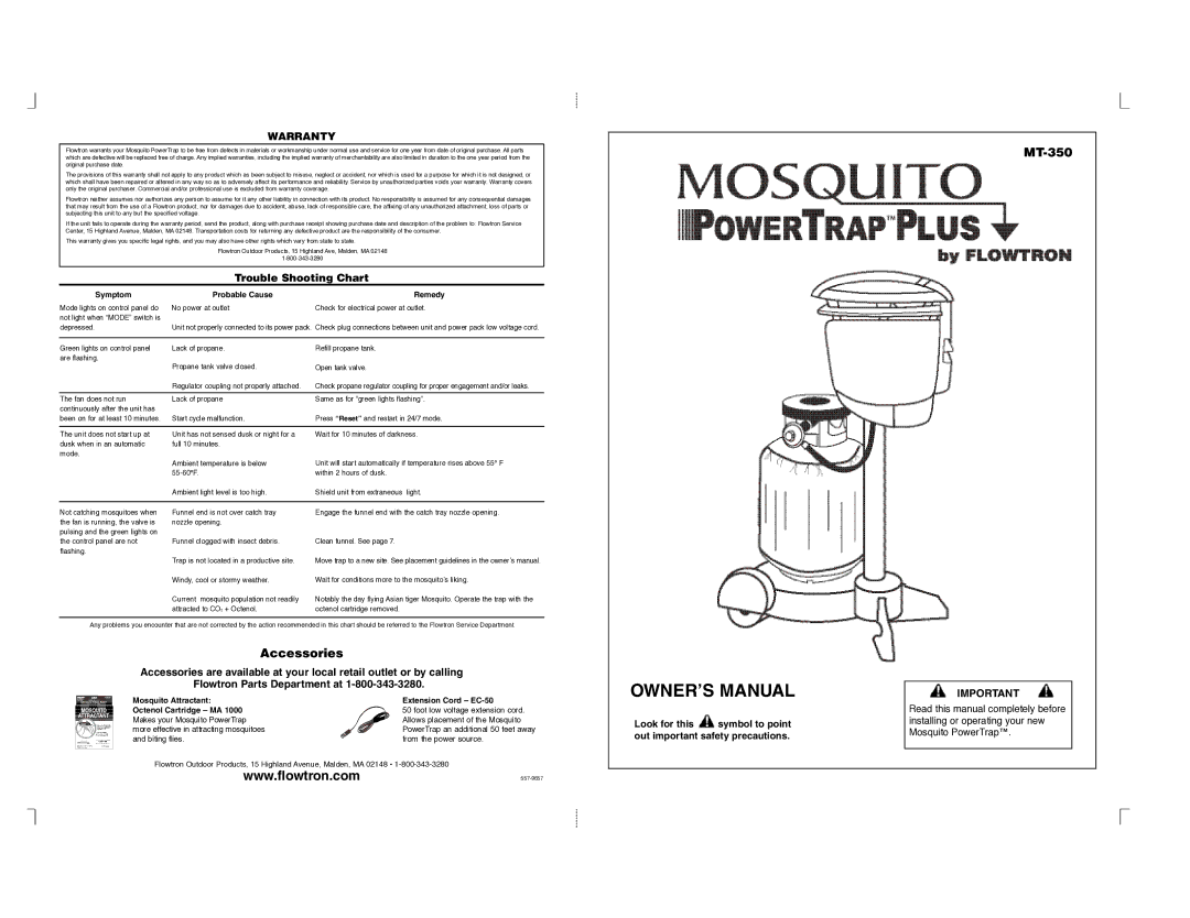 Flowtron Outdoor Products MT-350 owner manual Accessories, Trouble Shooting Chart 