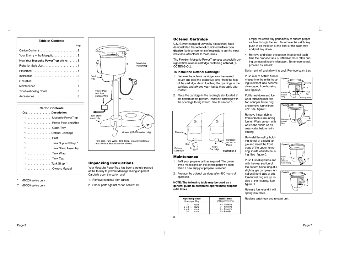 Flowtron Outdoor Products MT-350 owner manual Octenol Cartridge, Unpacking Instructions, Maintenance, Table of Contents 