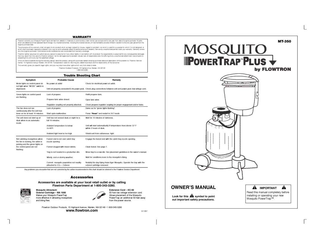 Flowtron Outdoor Products MT-350 owner manual Accessories, Symptom, Probable Cause, Remedy, Mosquito Attractant 