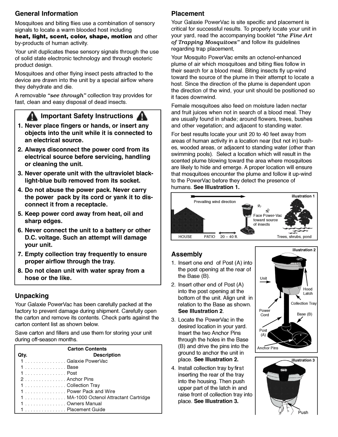 Flowtron Outdoor Products PV-440 General Information, Important Safety Instructions, Placement, Unpacking, Assembly 