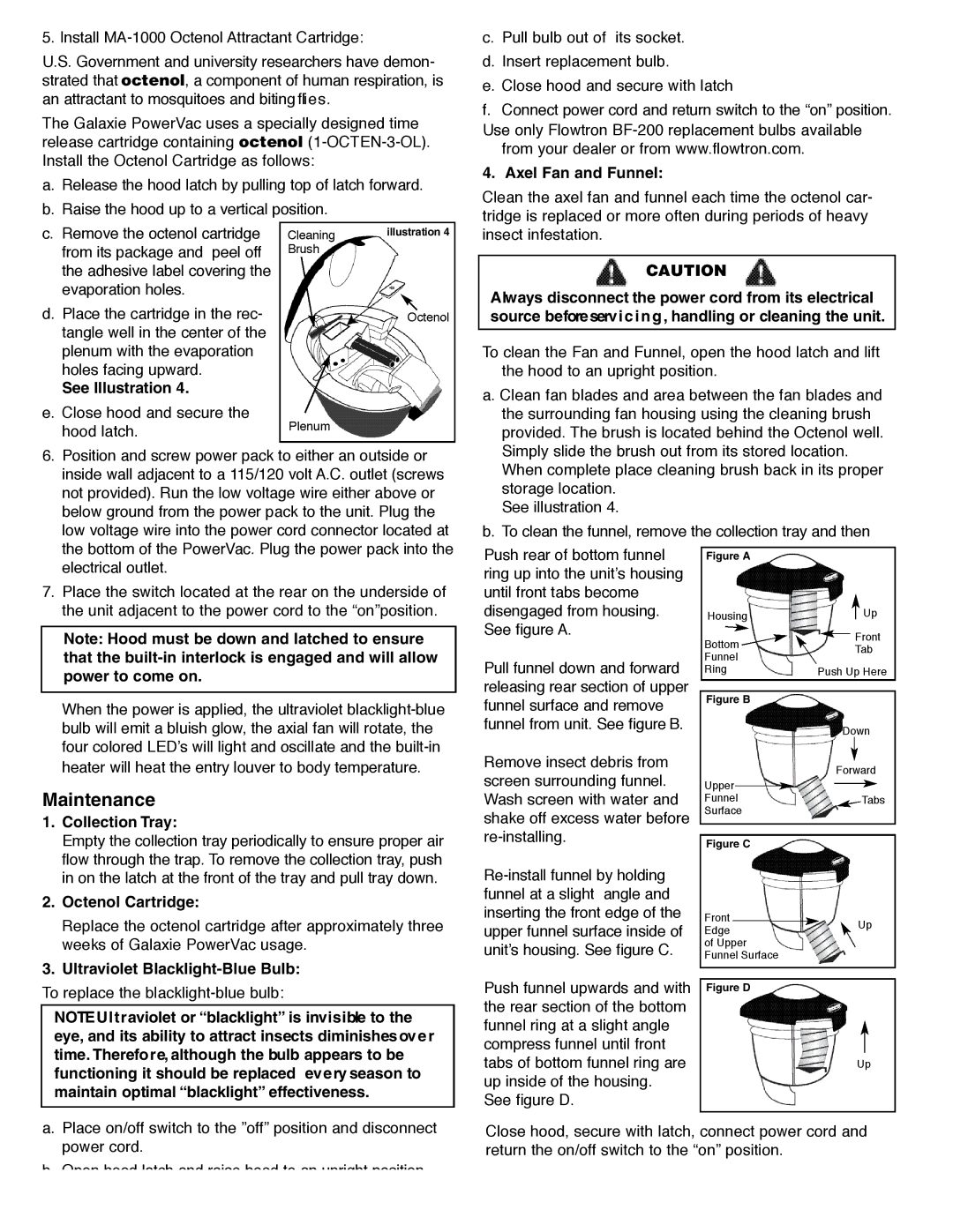 Flowtron Outdoor Products PV-440 owner manual Maintenance, Axel Fan and Funnel 