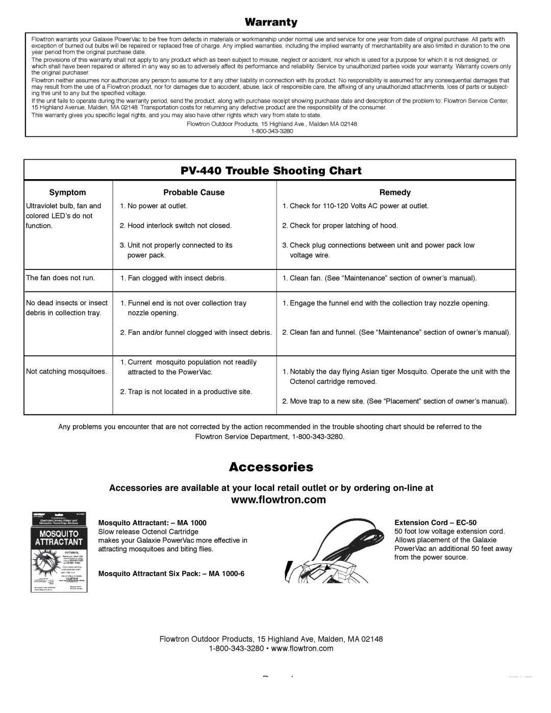 Flowtron Outdoor Products owner manual Warranty, PV-440 Trouble Shooting Chart, Symptom Probable Cause Remedy 