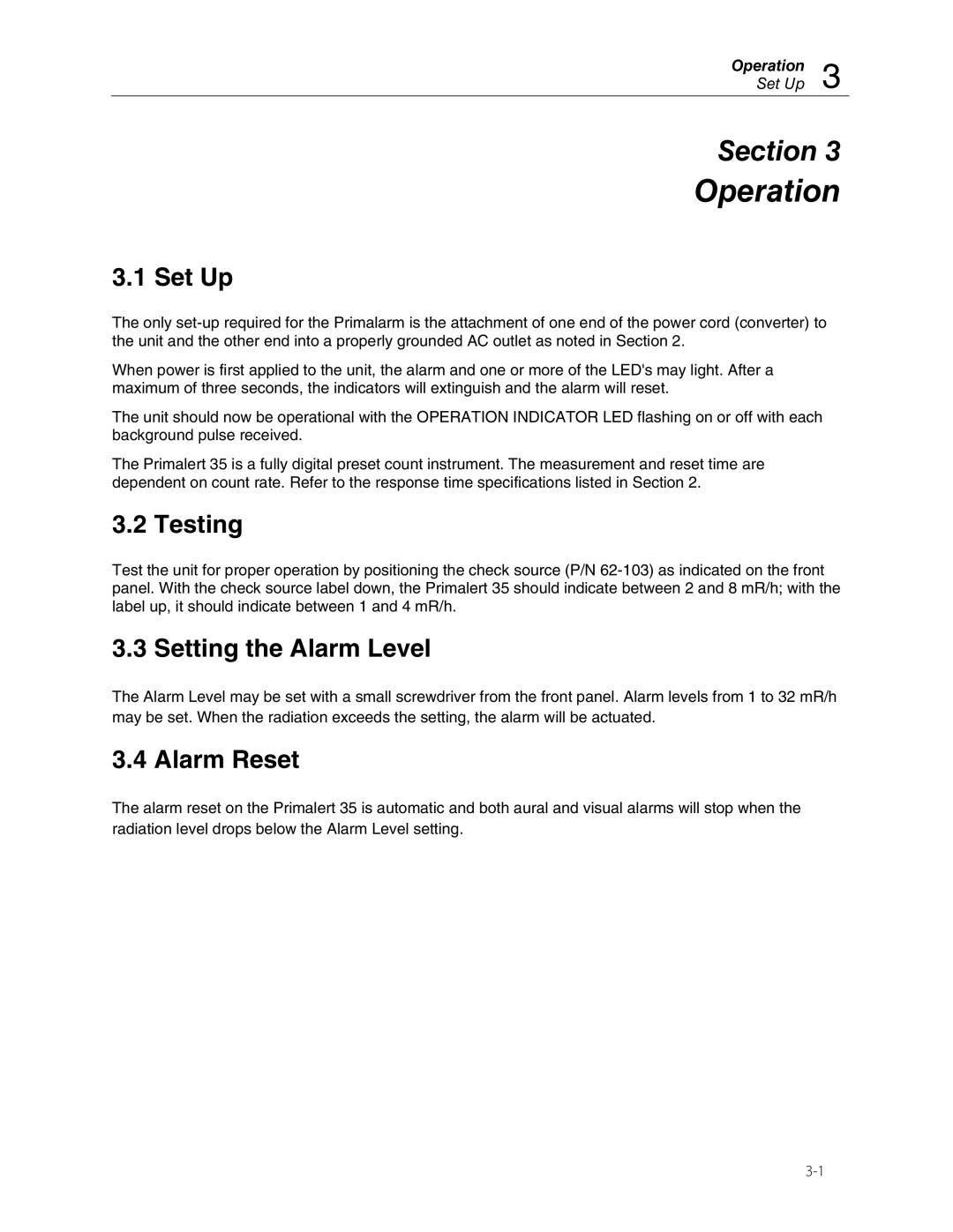 Fluke 05-437 manual Operation, Set Up, Testing, Setting the Alarm Level, Alarm Reset 