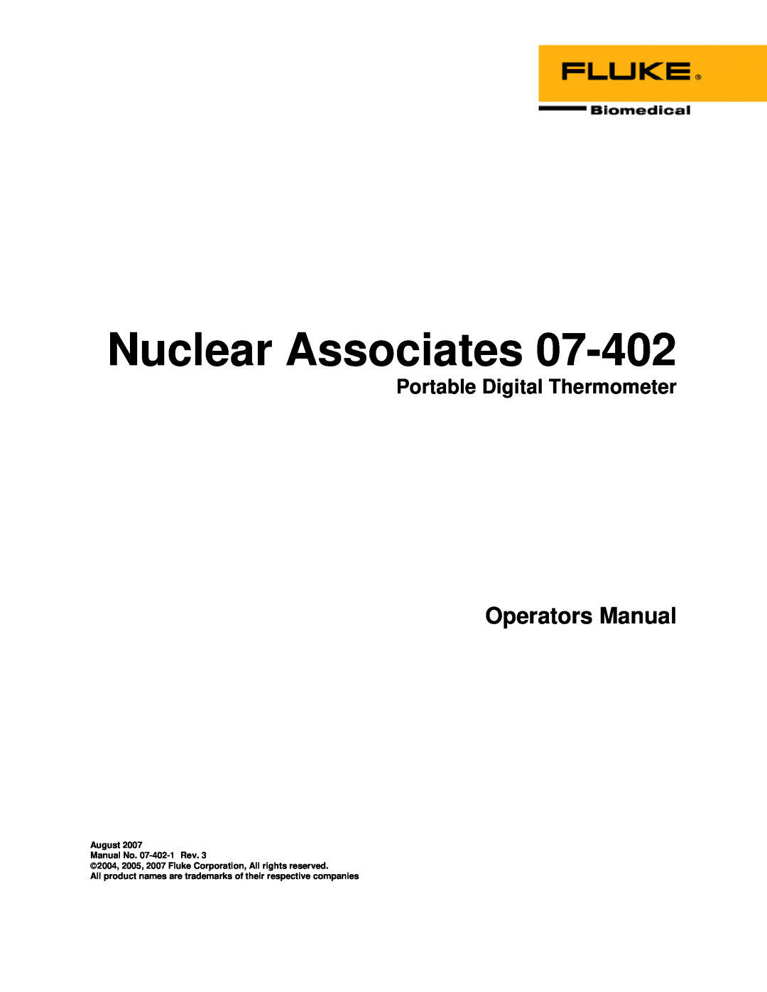 Fluke manual Portable Digital Thermometer, Nuclear Associates, Operators Manual, August Manual No. 07-402-1 Rev 