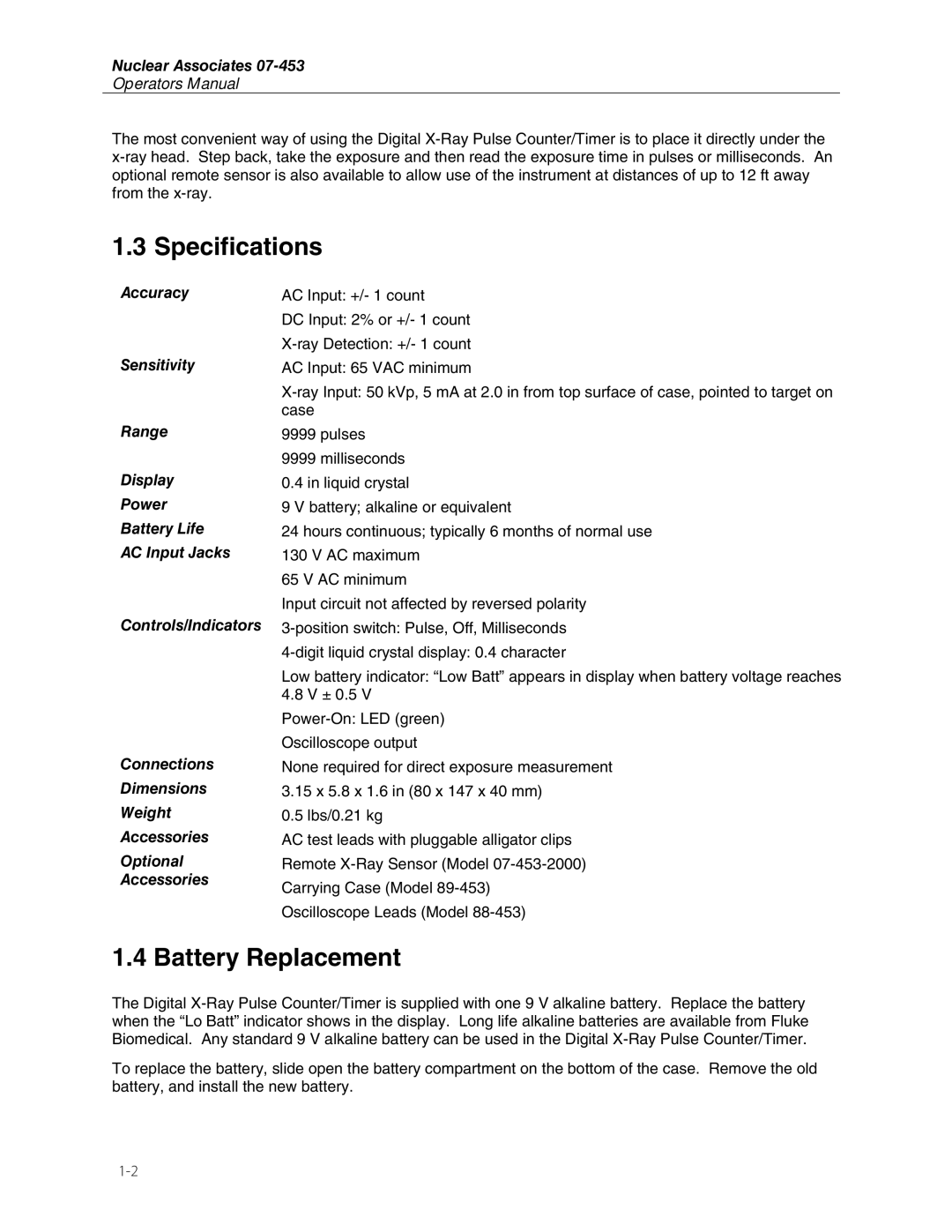 Fluke 07-453 manual Specifications, Battery Replacement 