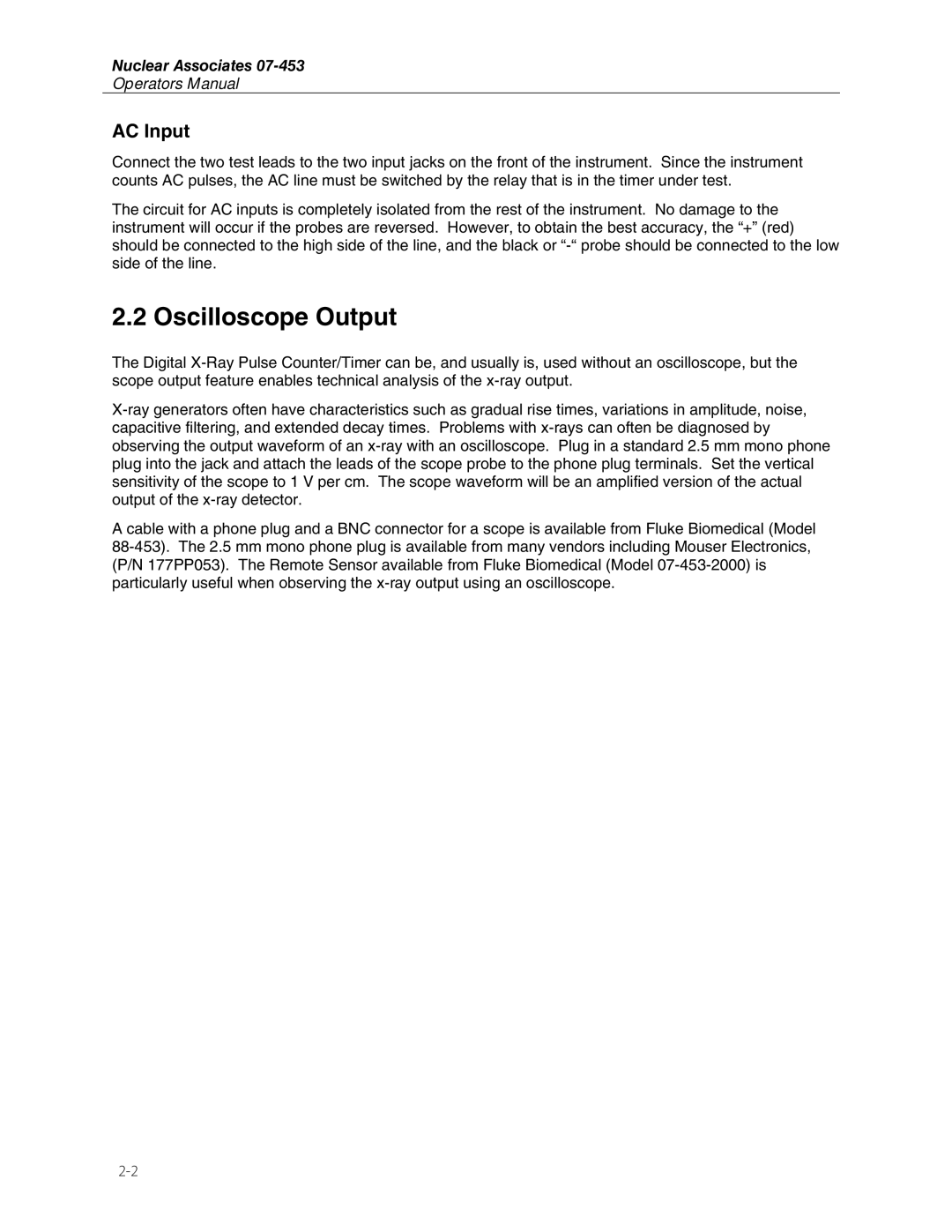 Fluke 07-453 manual Oscilloscope Output, AC Input 