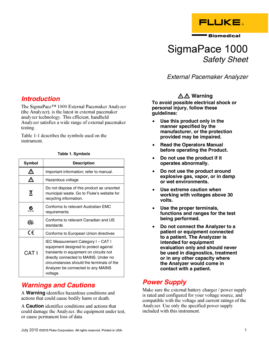 Fluke 1000 manual Introduction, Power Supply 